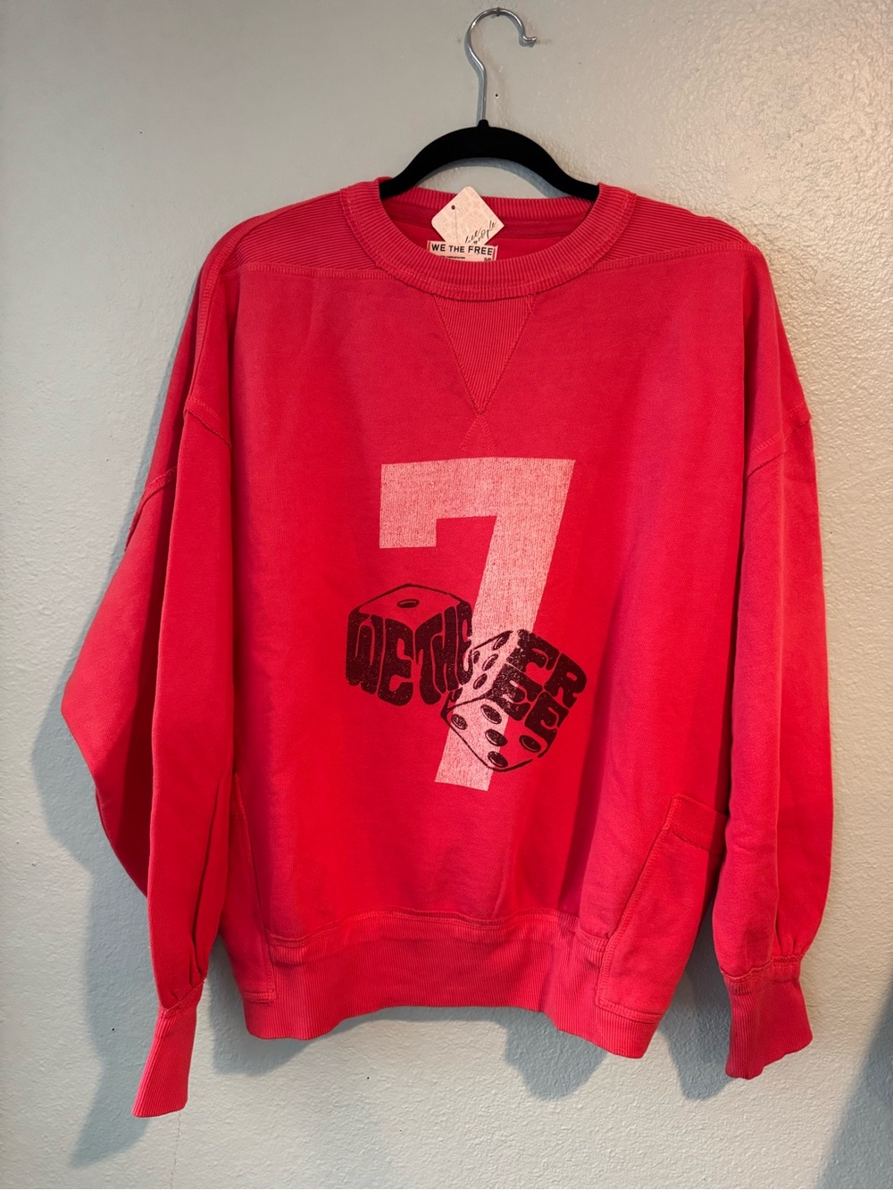 NWT FREE PEOPLE We The Free Dicey Oversized Sweatshirt Bright Red Coral Small